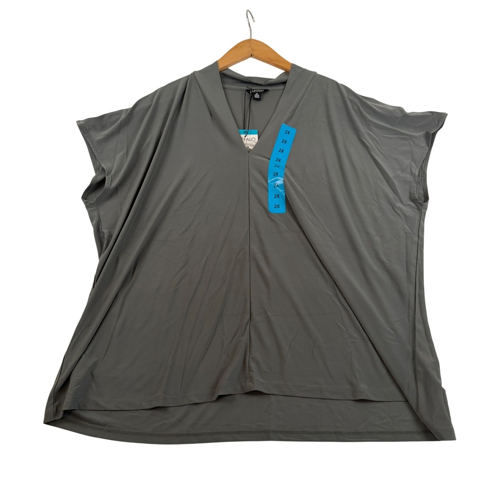 Buffalo David Bitton Womens 2X Gray V-Neck Draped Short Sleeve Blouse New